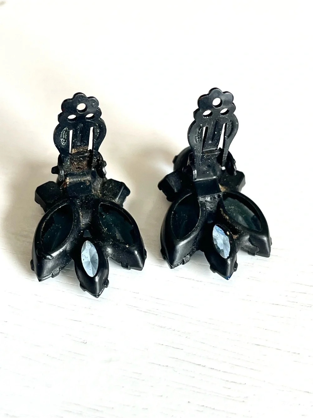 Vintage Blue Teal Rhinestone Clip Earrings Black Japanned Navette MCM Art Deco
